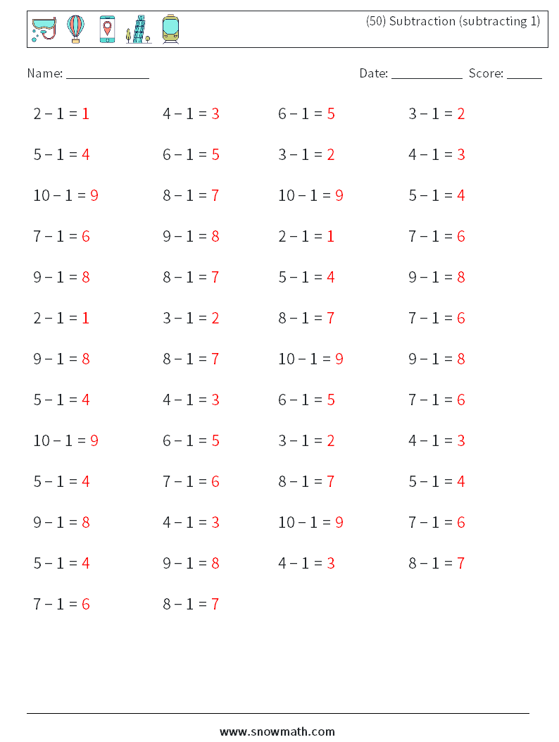 (50) Subtraction (subtracting 1) Maths Worksheets 7 Question, Answer