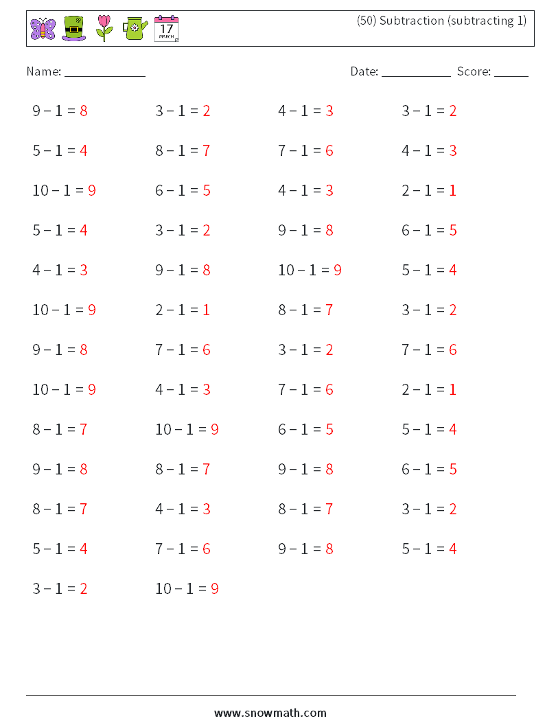 (50) Subtraction (subtracting 1) Maths Worksheets 8 Question, Answer