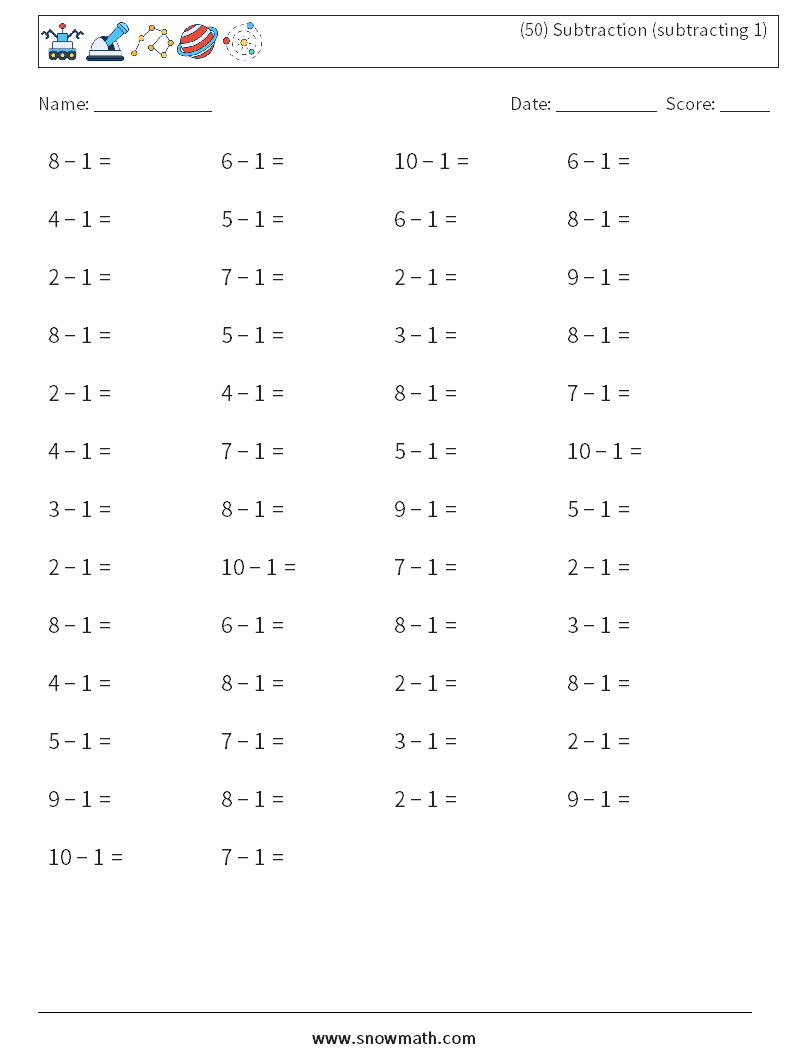 (50) Subtraction (subtracting 1) Maths Worksheets 9