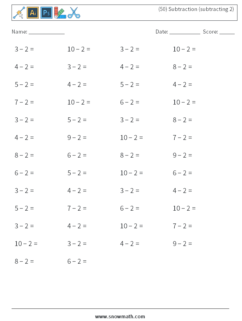 (50) Subtraction (subtracting 2) Maths Worksheets 1