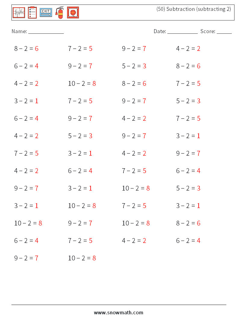 (50) Subtraction (subtracting 2) Maths Worksheets 2 Question, Answer