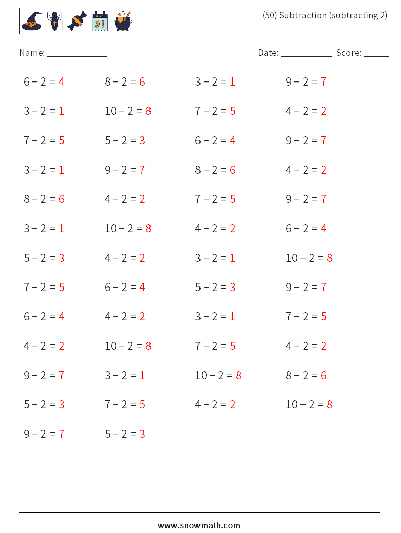 (50) Subtraction (subtracting 2) Maths Worksheets 3 Question, Answer