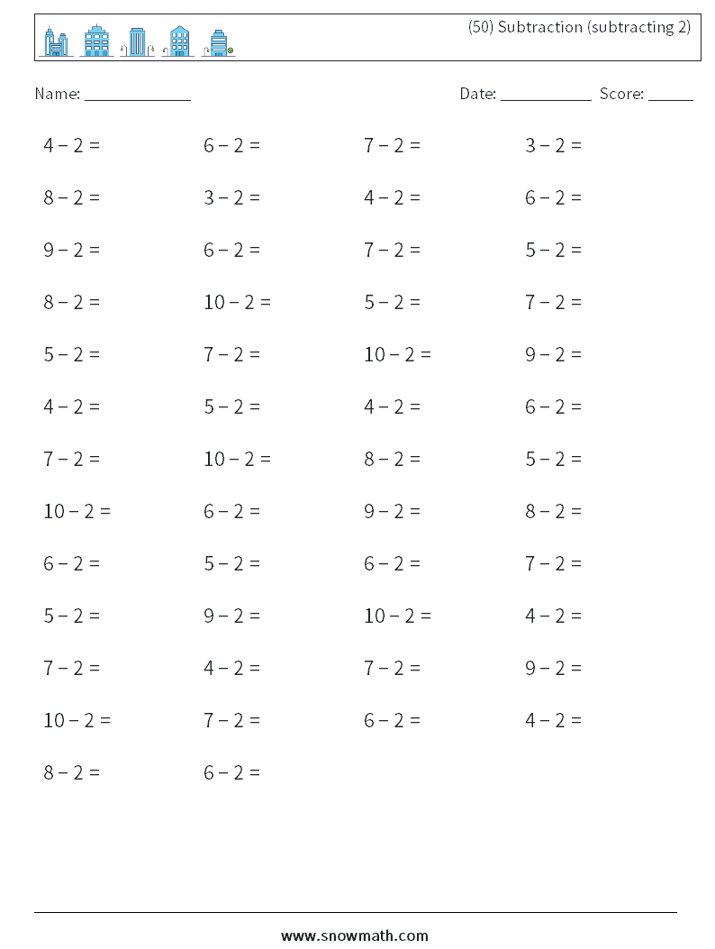 (50) Subtraction (subtracting 2) Maths Worksheets 4