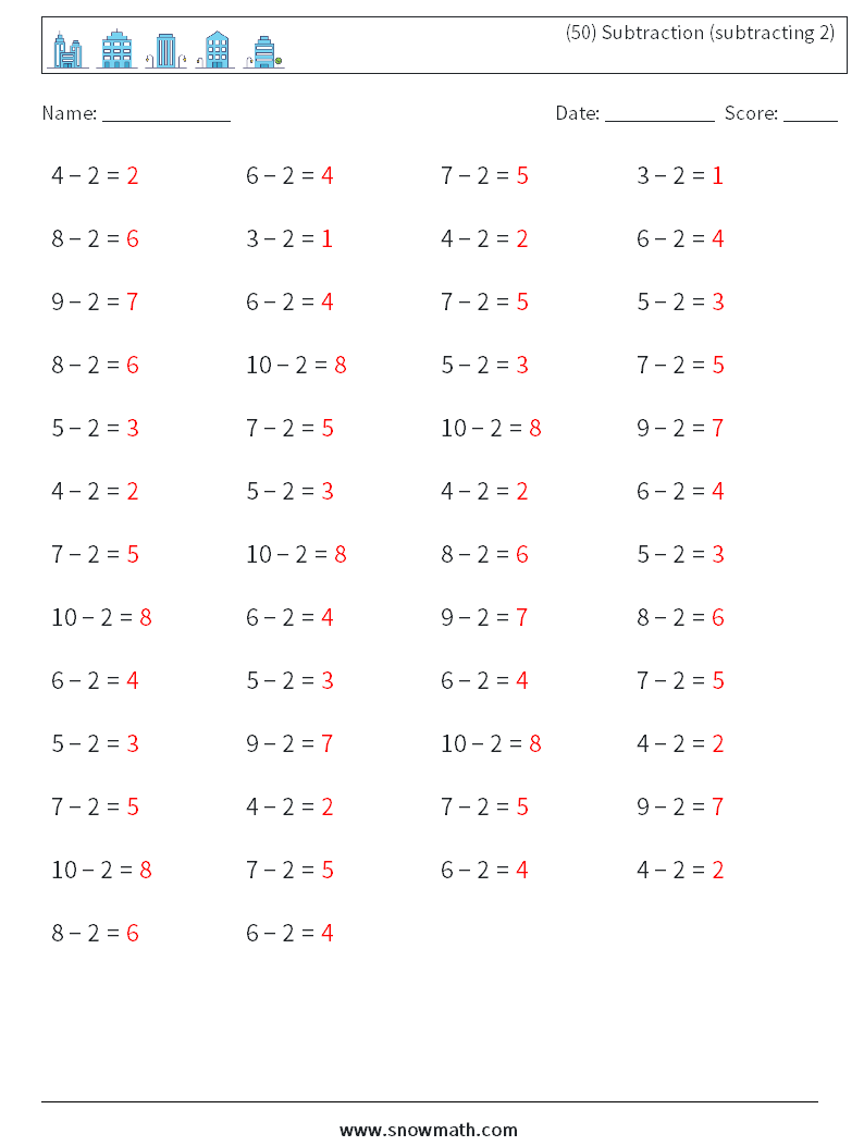 (50) Subtraction (subtracting 2) Maths Worksheets 4 Question, Answer
