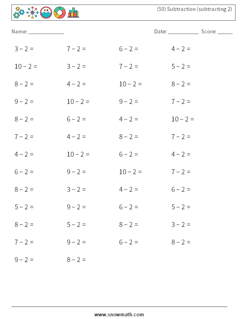 (50) Subtraction (subtracting 2) Maths Worksheets 5