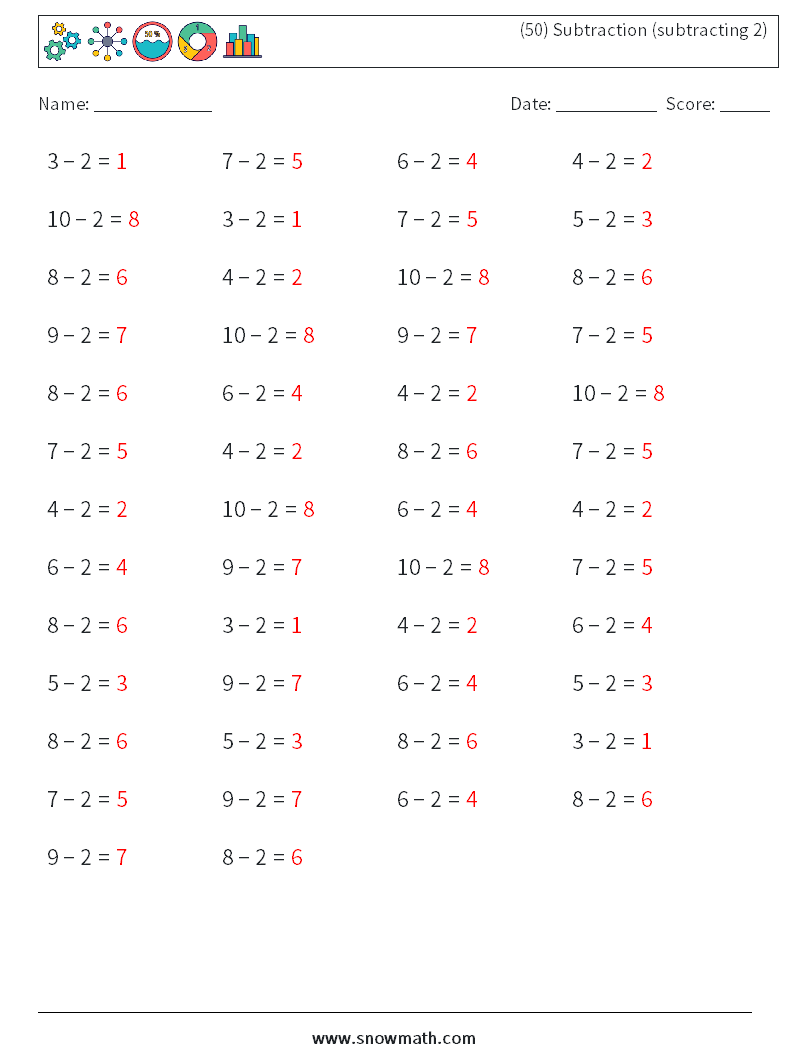 (50) Subtraction (subtracting 2) Maths Worksheets 5 Question, Answer
