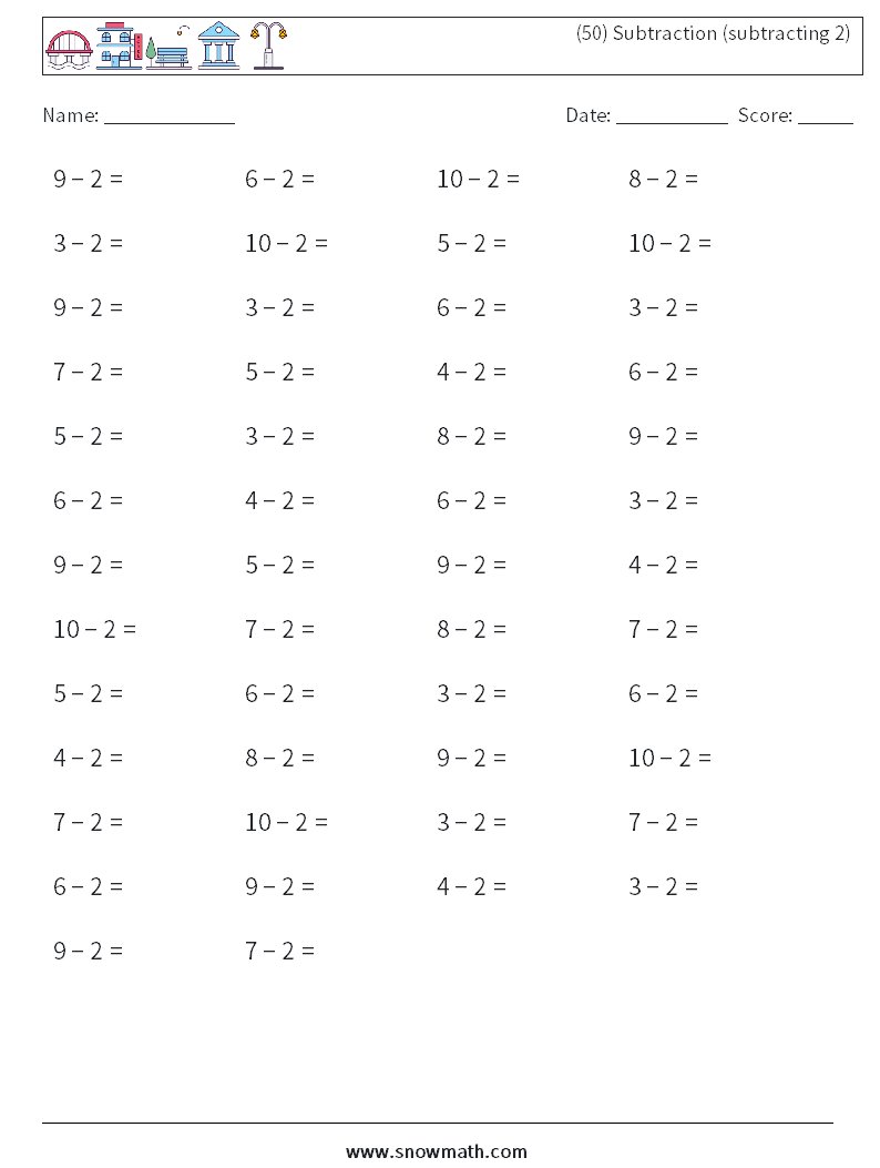 (50) Subtraction (subtracting 2) Maths Worksheets 6