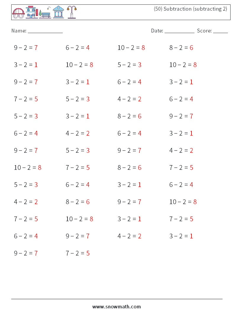 (50) Subtraction (subtracting 2) Maths Worksheets 6 Question, Answer