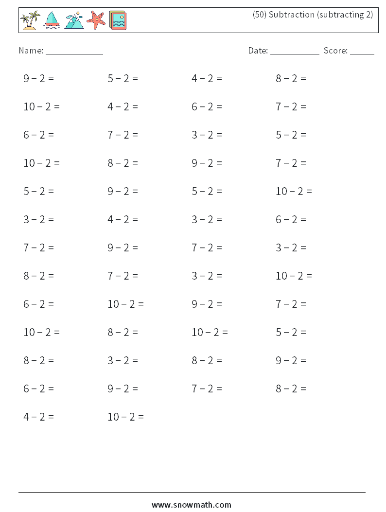 (50) Subtraction (subtracting 2) Maths Worksheets 8