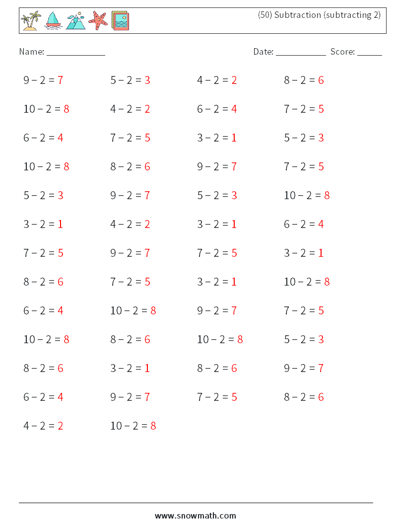 (50) Subtraction (subtracting 2) Maths Worksheets 8 Question, Answer