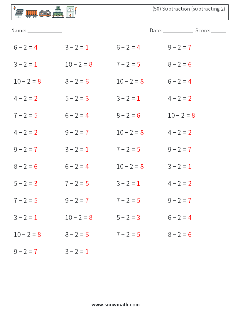 (50) Subtraction (subtracting 2) Maths Worksheets 9 Question, Answer
