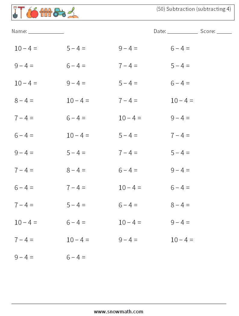 (50) Subtraction (subtracting 4) Maths Worksheets 2