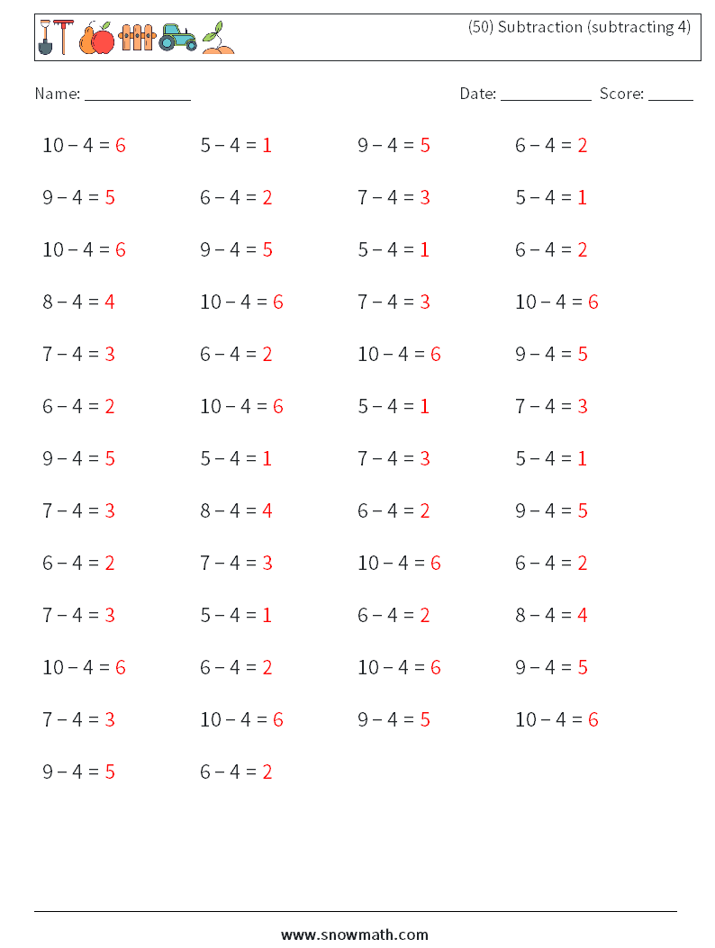 (50) Subtraction (subtracting 4) Maths Worksheets 2 Question, Answer