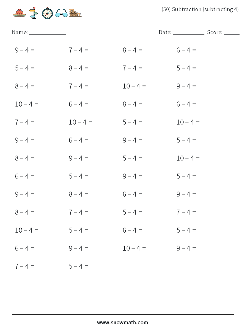 (50) Subtraction (subtracting 4) Maths Worksheets 3