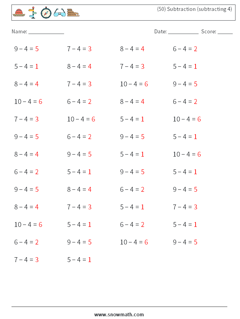 (50) Subtraction (subtracting 4) Maths Worksheets 3 Question, Answer