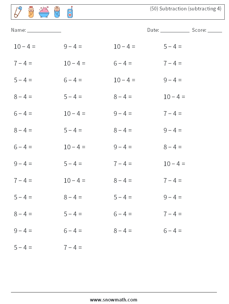 (50) Subtraction (subtracting 4) Maths Worksheets 5