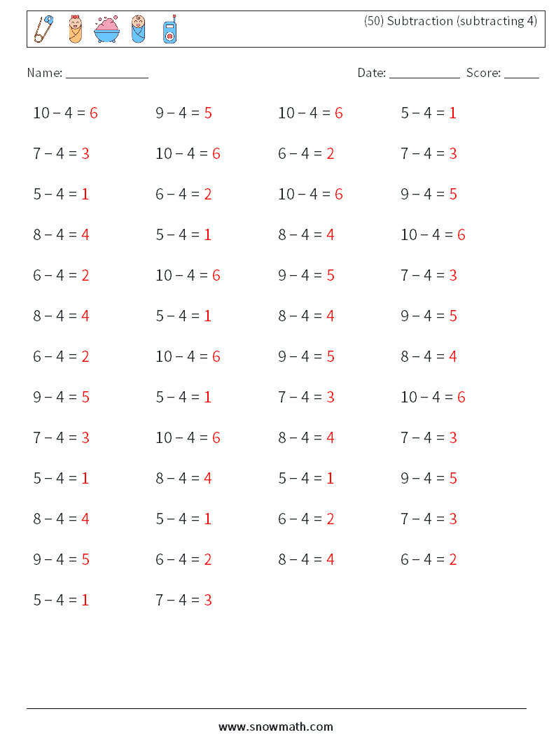 (50) Subtraction (subtracting 4) Maths Worksheets 5 Question, Answer