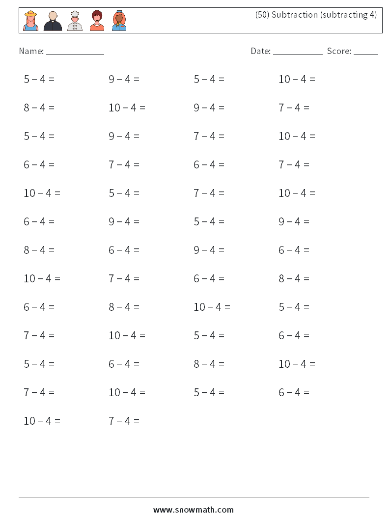 (50) Subtraction (subtracting 4) Maths Worksheets 6