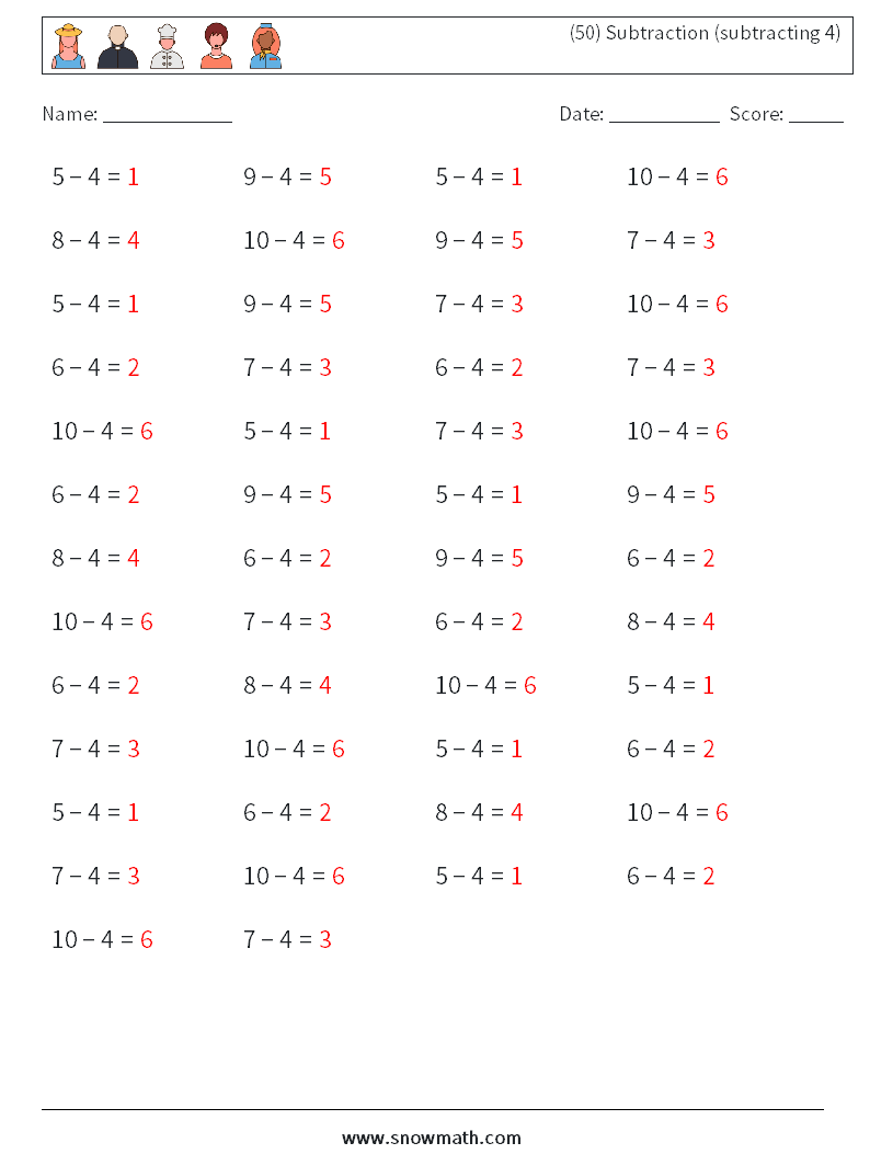 (50) Subtraction (subtracting 4) Maths Worksheets 6 Question, Answer