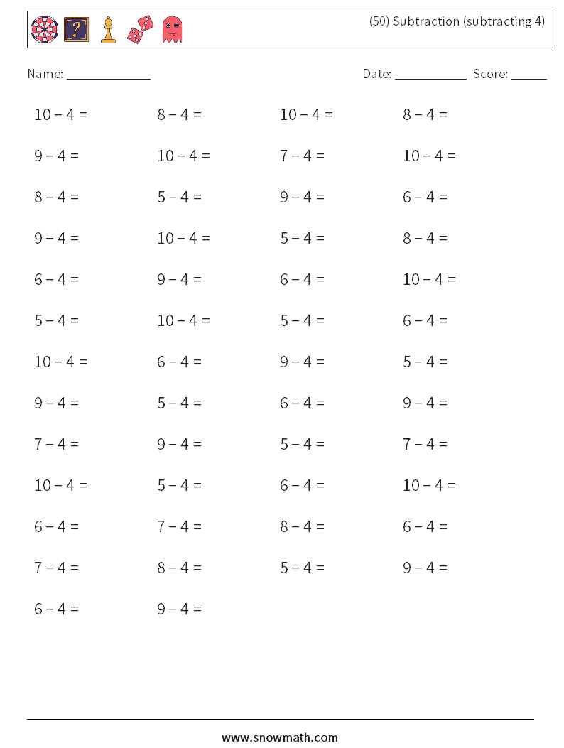 (50) Subtraction (subtracting 4) Maths Worksheets 8
