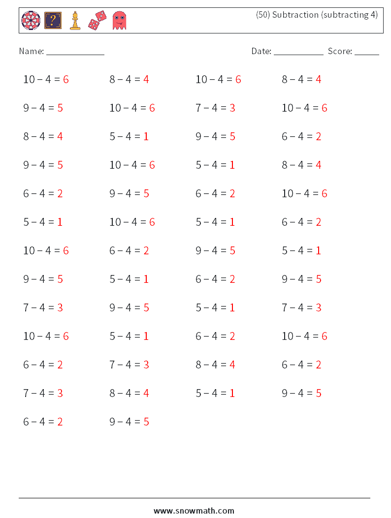 (50) Subtraction (subtracting 4) Maths Worksheets 8 Question, Answer