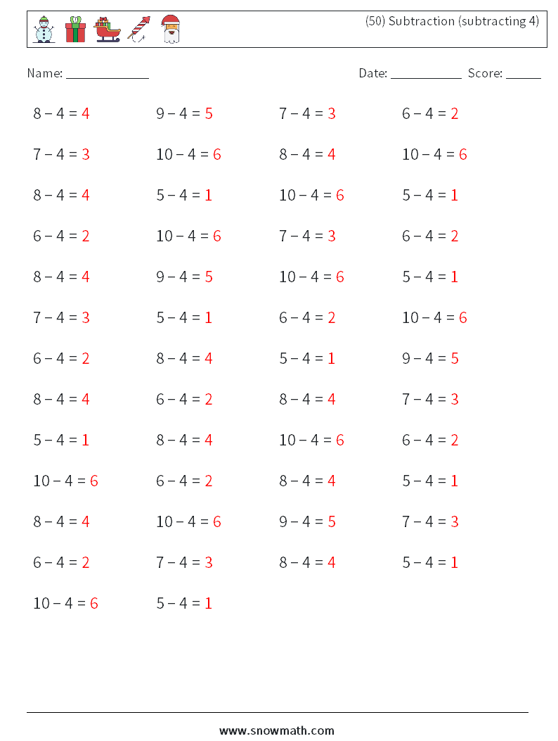 (50) Subtraction (subtracting 4) Maths Worksheets 9 Question, Answer