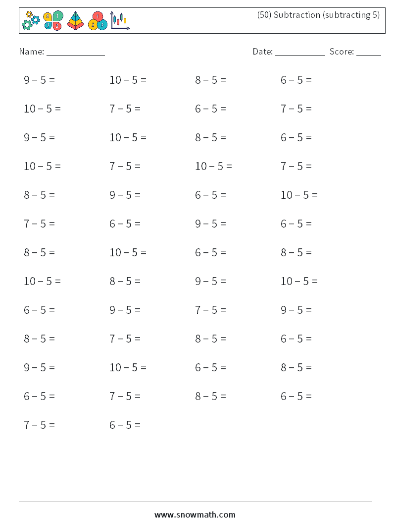 (50) Subtraction (subtracting 5) Maths Worksheets 1