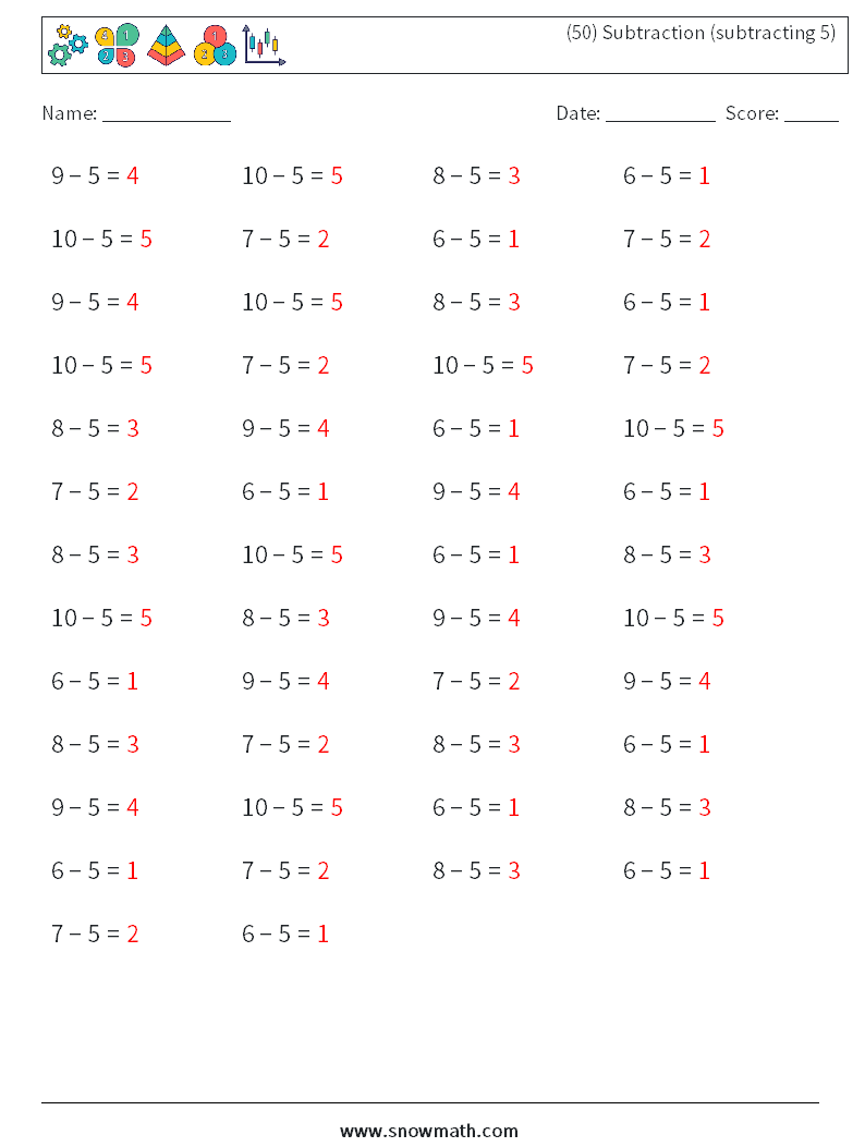(50) Subtraction (subtracting 5) Maths Worksheets 1 Question, Answer