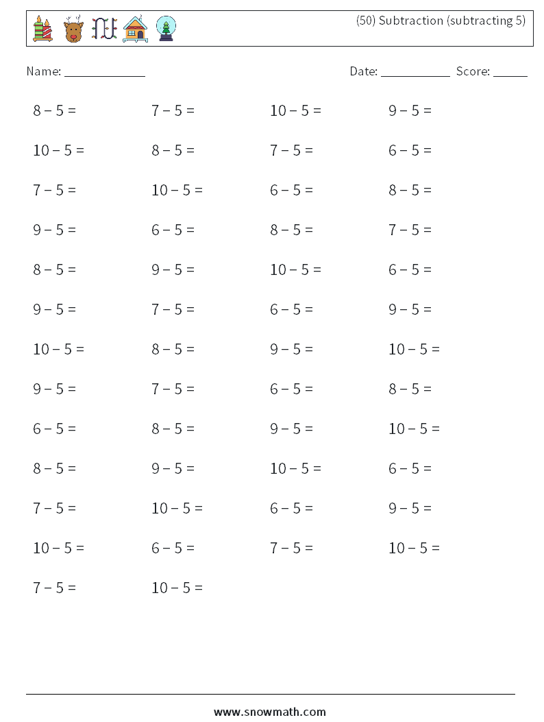 (50) Subtraction (subtracting 5) Maths Worksheets 2