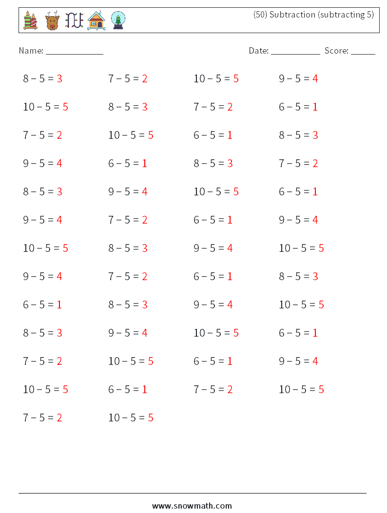 (50) Subtraction (subtracting 5) Maths Worksheets 2 Question, Answer