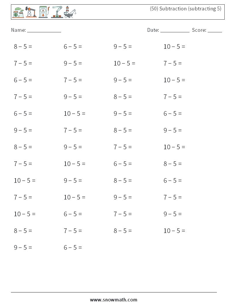 (50) Subtraction (subtracting 5) Maths Worksheets 3