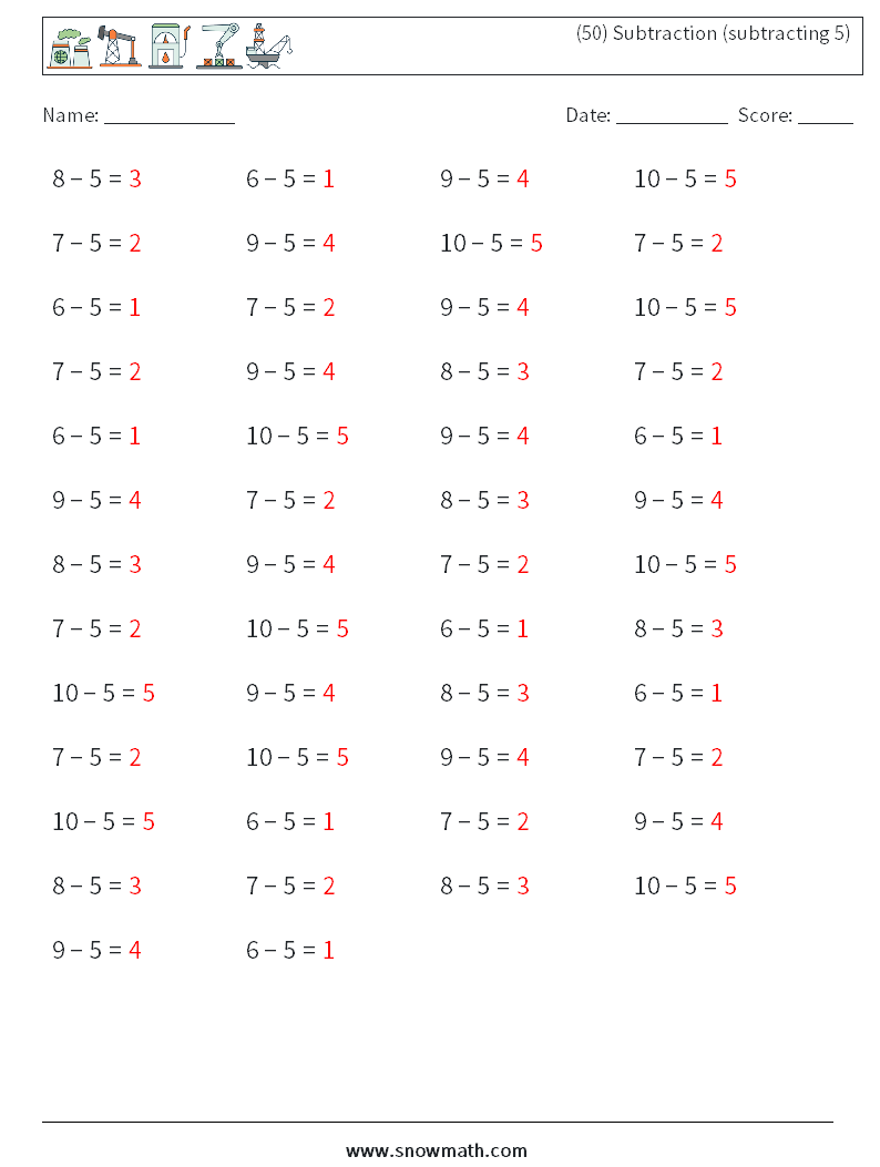 (50) Subtraction (subtracting 5) Maths Worksheets 3 Question, Answer