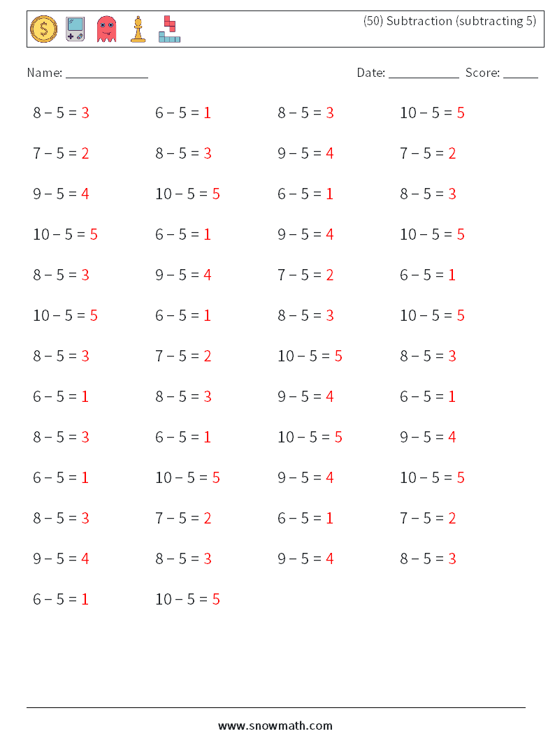 (50) Subtraction (subtracting 5) Maths Worksheets 6 Question, Answer