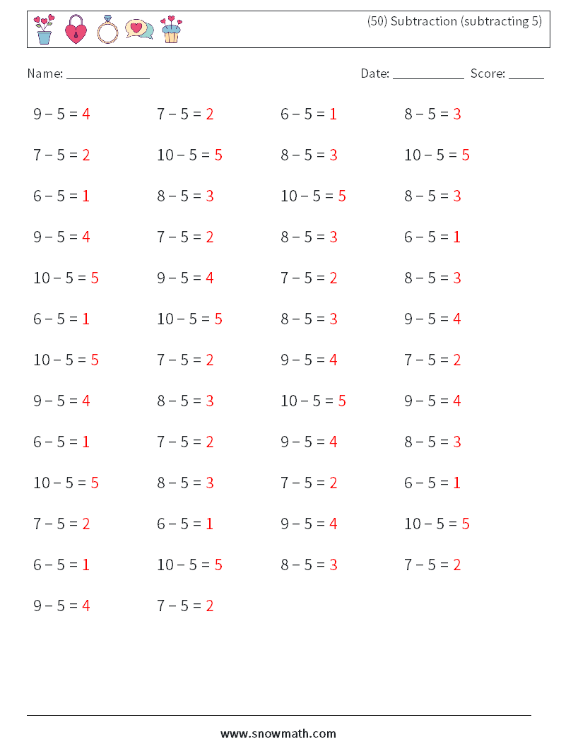 (50) Subtraction (subtracting 5) Maths Worksheets 7 Question, Answer