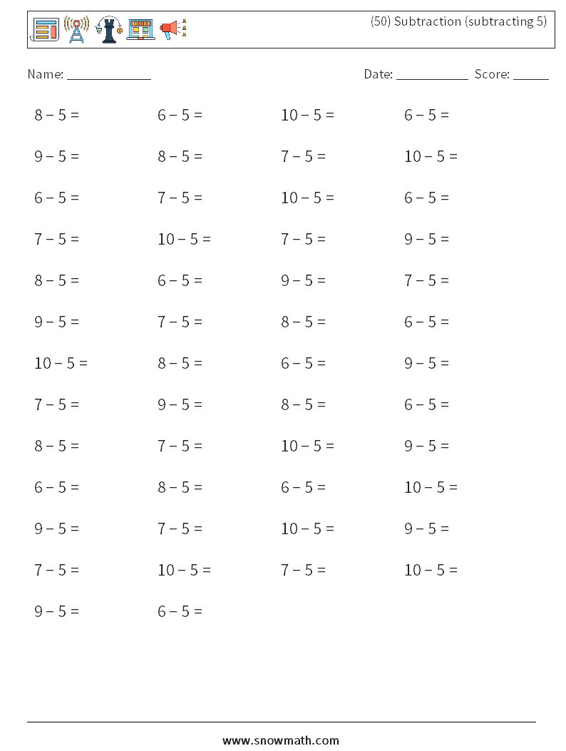(50) Subtraction (subtracting 5) Maths Worksheets 8