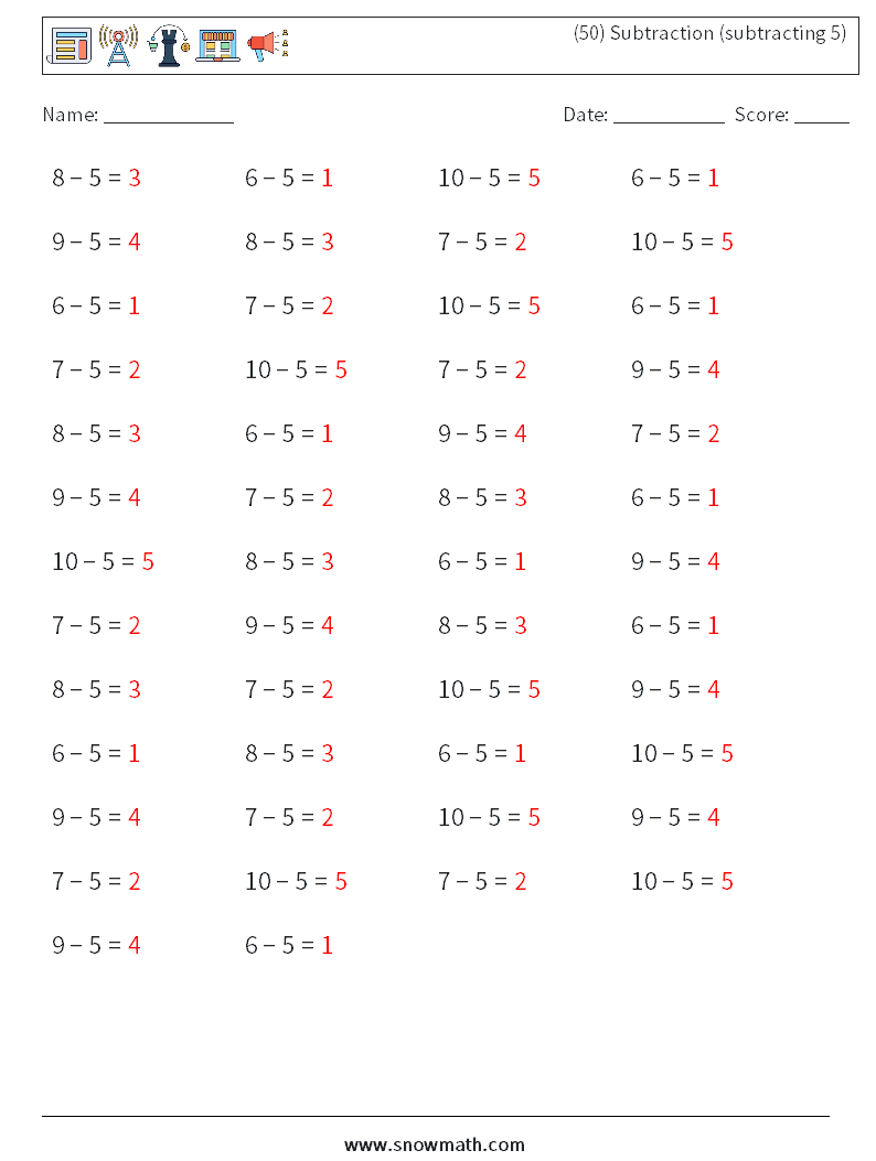 (50) Subtraction (subtracting 5) Maths Worksheets 8 Question, Answer