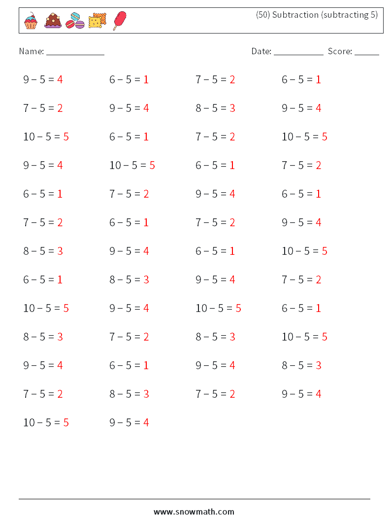 (50) Subtraction (subtracting 5) Maths Worksheets 9 Question, Answer