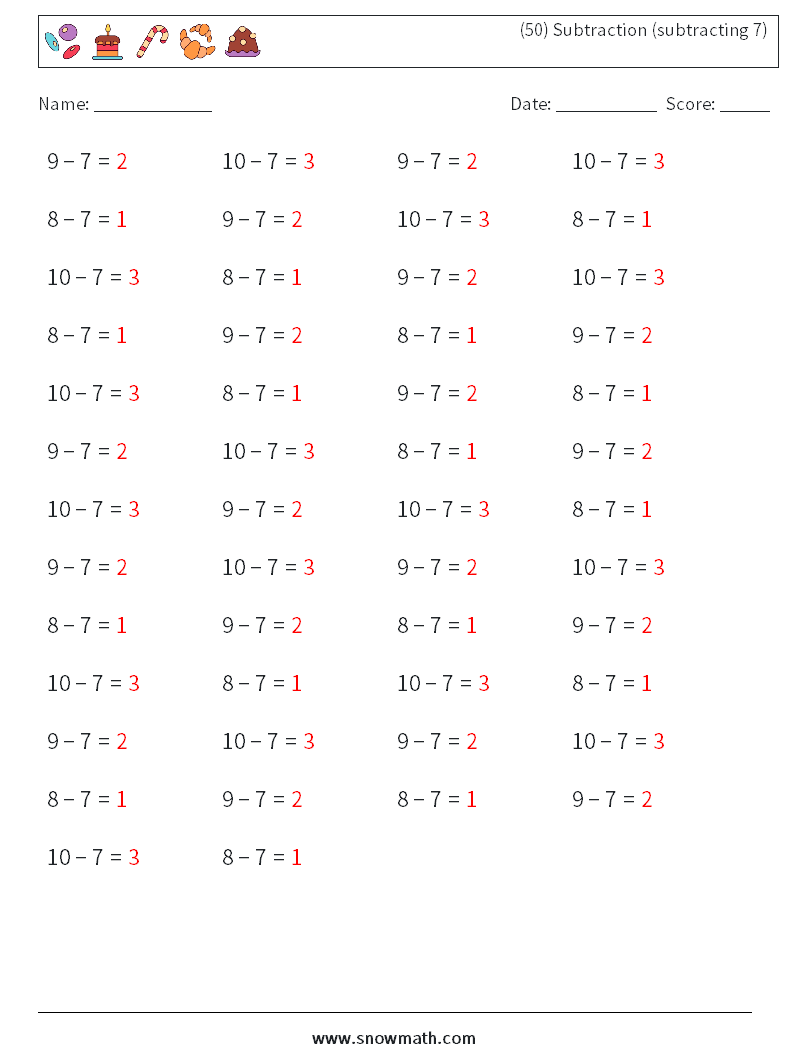 (50) Subtraction (subtracting 7) Maths Worksheets 1 Question, Answer