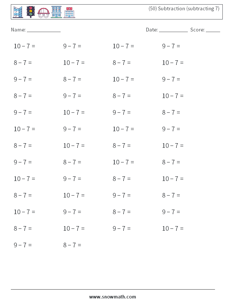 (50) Subtraction (subtracting 7) Maths Worksheets 4