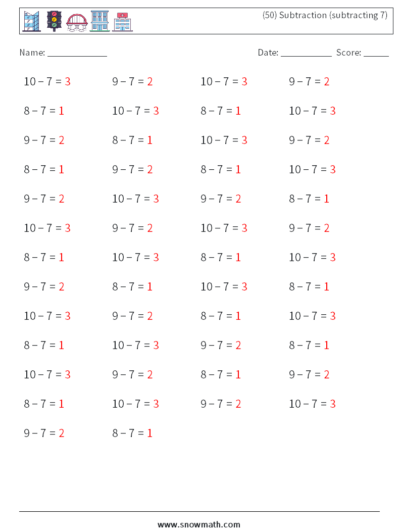 (50) Subtraction (subtracting 7) Maths Worksheets 4 Question, Answer