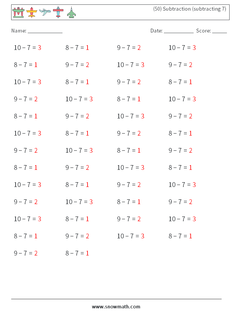(50) Subtraction (subtracting 7) Maths Worksheets 5 Question, Answer