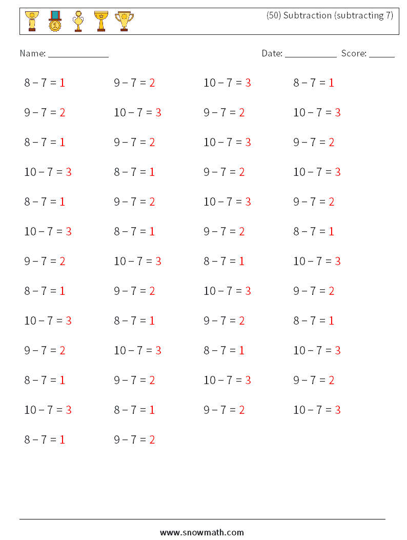 (50) Subtraction (subtracting 7) Maths Worksheets 6 Question, Answer