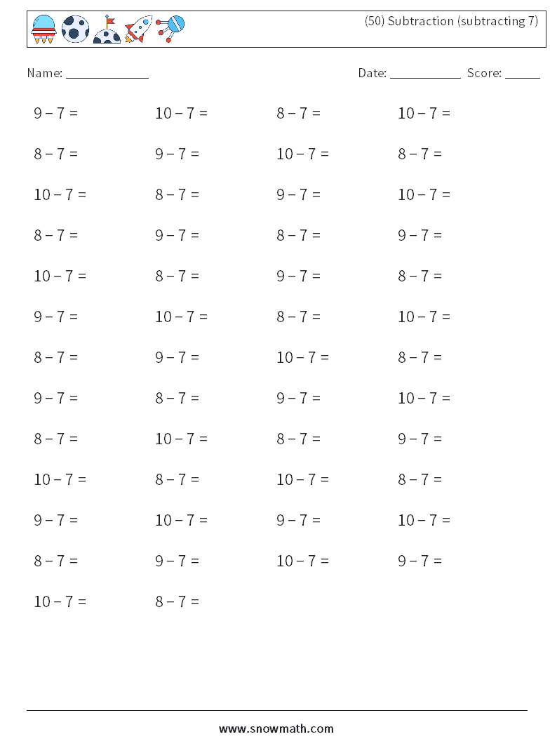 (50) Subtraction (subtracting 7) Maths Worksheets 7