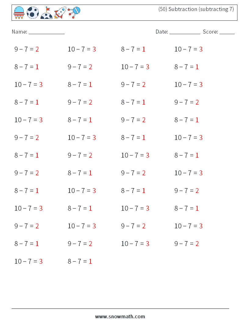 (50) Subtraction (subtracting 7) Maths Worksheets 7 Question, Answer