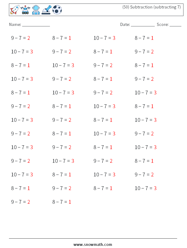 (50) Subtraction (subtracting 7) Maths Worksheets 8 Question, Answer