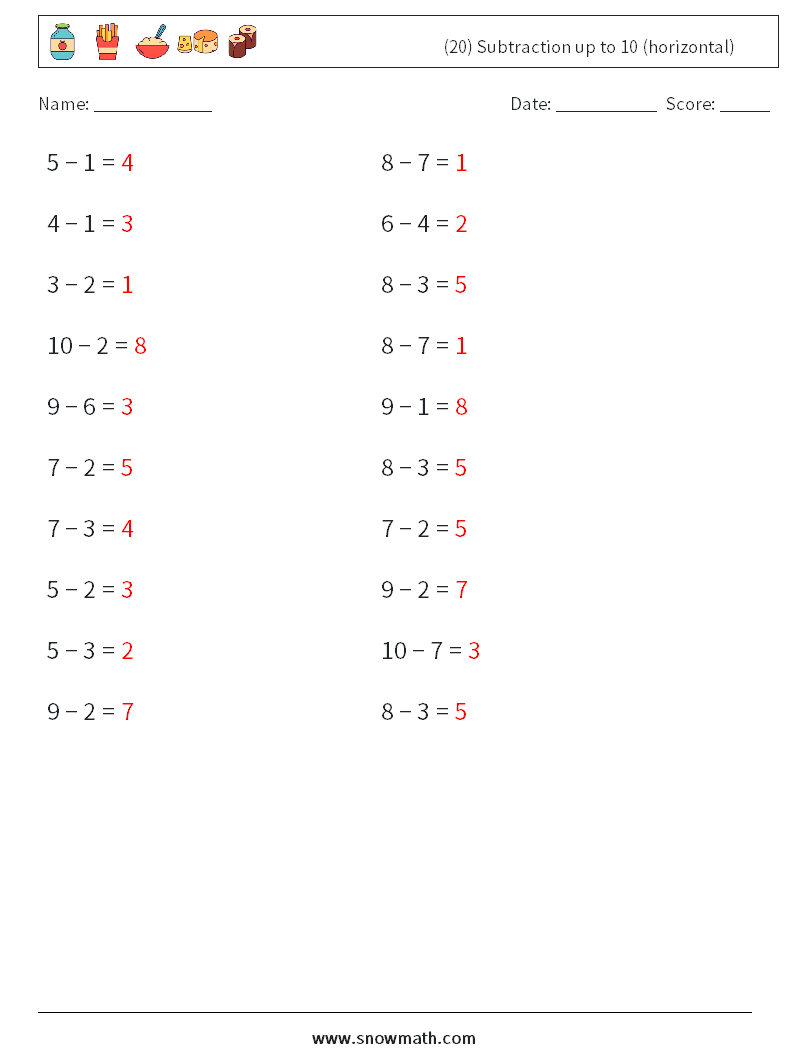 (20) Subtraction up to 10 (horizontal) Maths Worksheets 1 Question, Answer