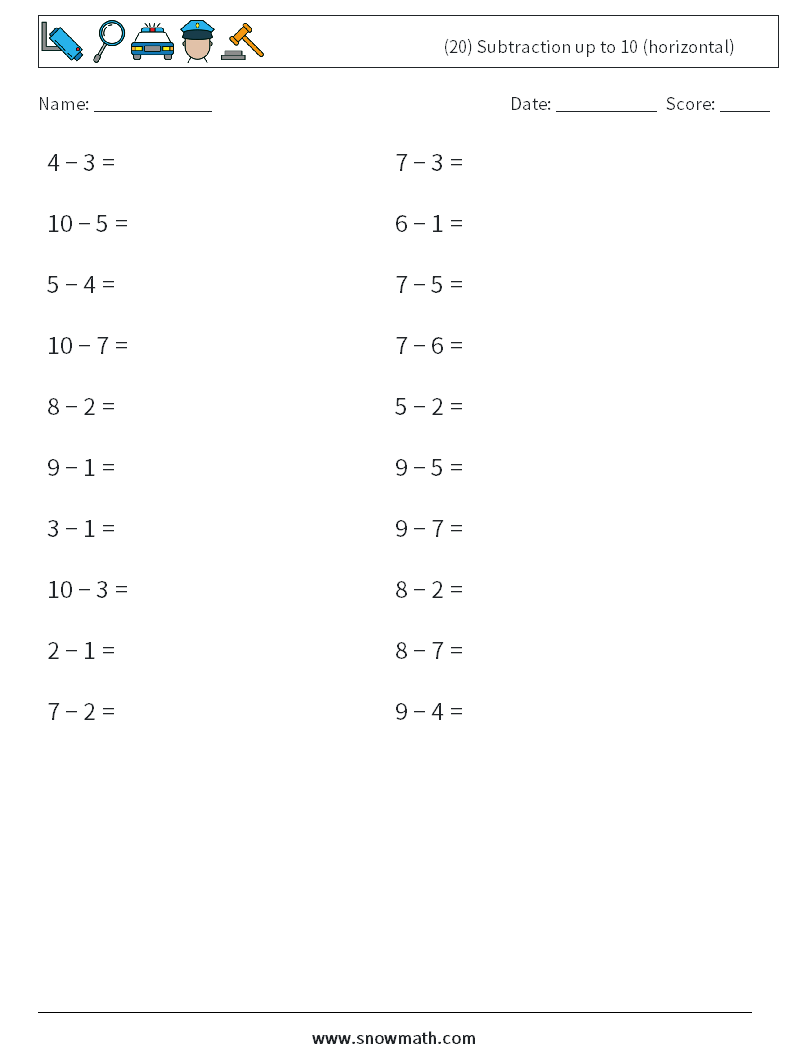 (20) Subtraction up to 10 (horizontal) Maths Worksheets 2