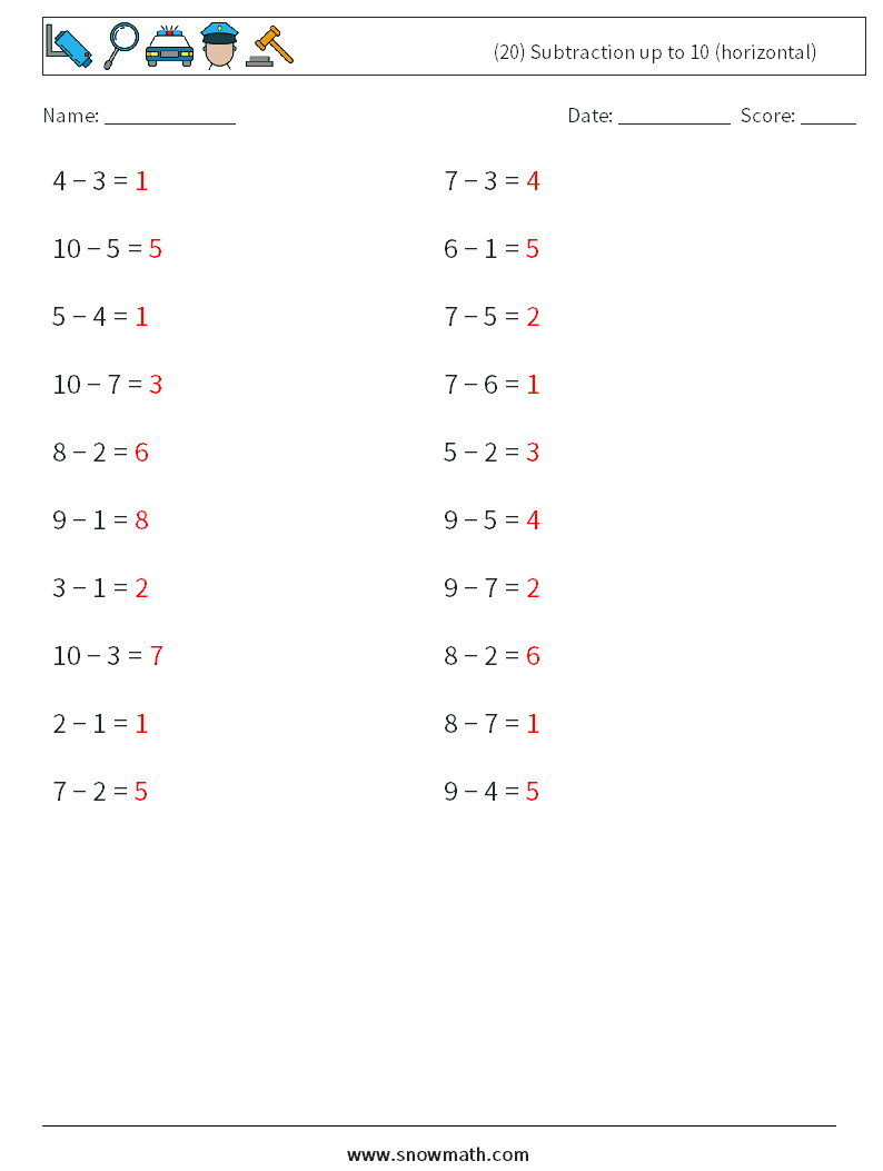 (20) Subtraction up to 10 (horizontal) Maths Worksheets 2 Question, Answer
