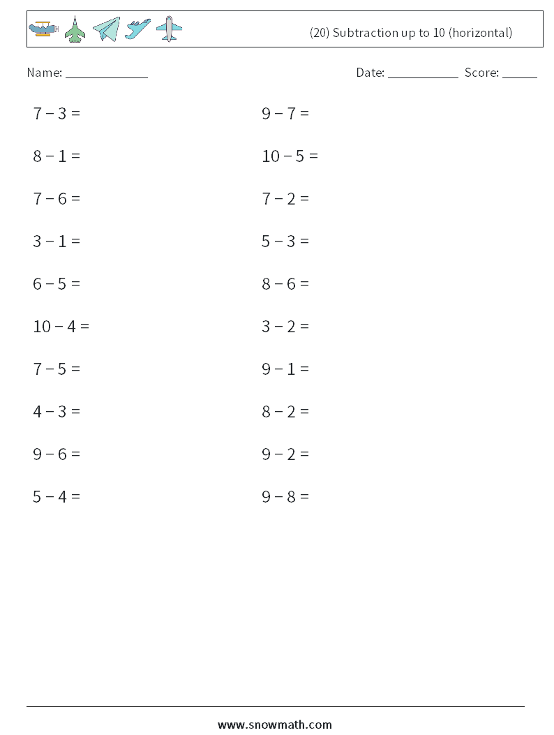 (20) Subtraction up to 10 (horizontal) Maths Worksheets 3