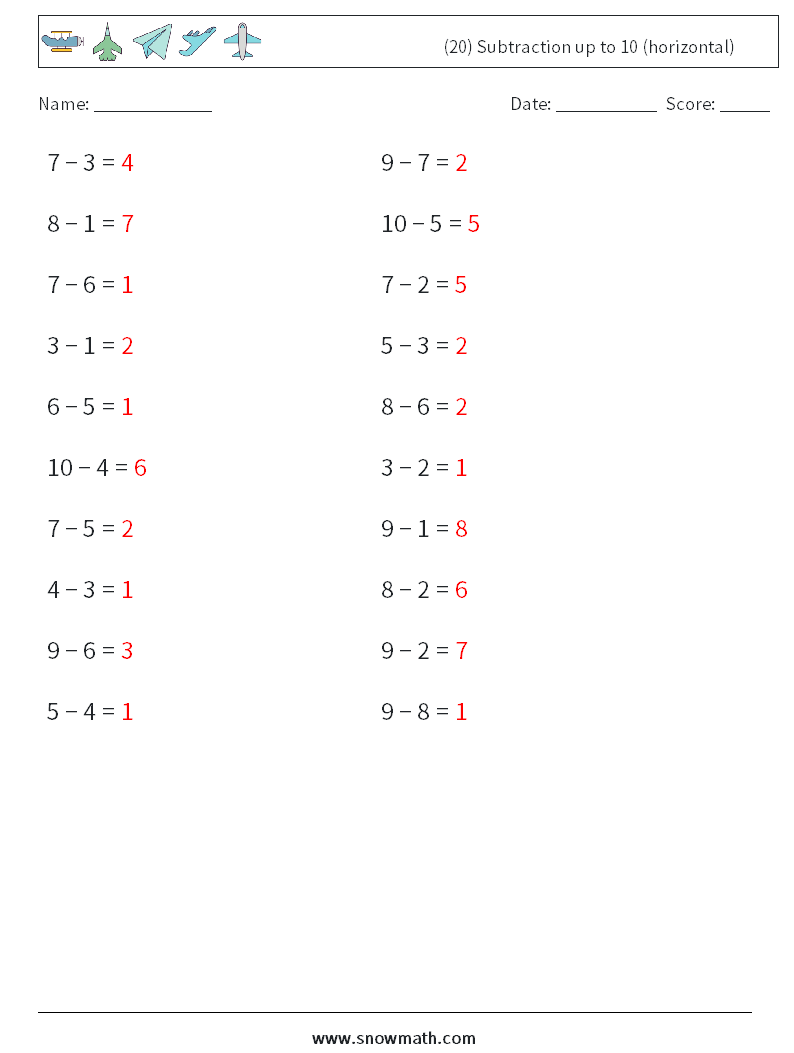(20) Subtraction up to 10 (horizontal) Maths Worksheets 3 Question, Answer